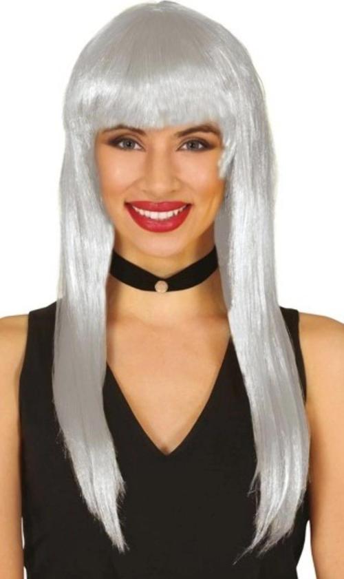 Platin Gri Gümüş Renk Uzun Parti Peruğu Uzun Takma Peruk