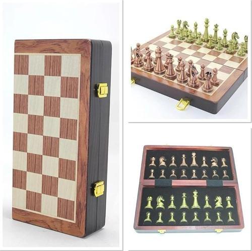 Ahşap Kutulu Metal Taşlı Hazneli Satranç Takımı Alk4226