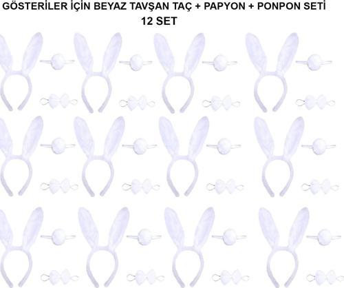 Beyaz Tavşan Kostüm Seti – Taç, Papyon, Kuyruk (12’li Paket)