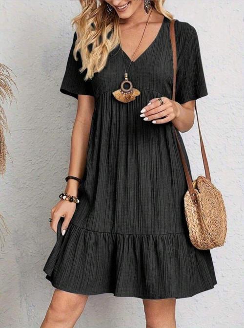 Kadın Kısa Kollu V Yakalı Fırfırlı Bürümcük Elbise