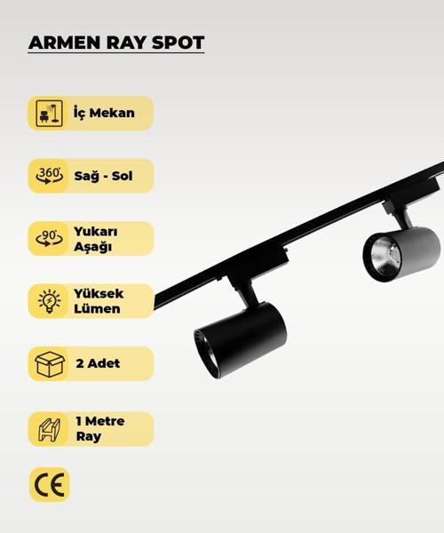 Armen 2 Adet Siyah Kasa Günışığı Ray Spot Set  ve 1 Metre Ray Set