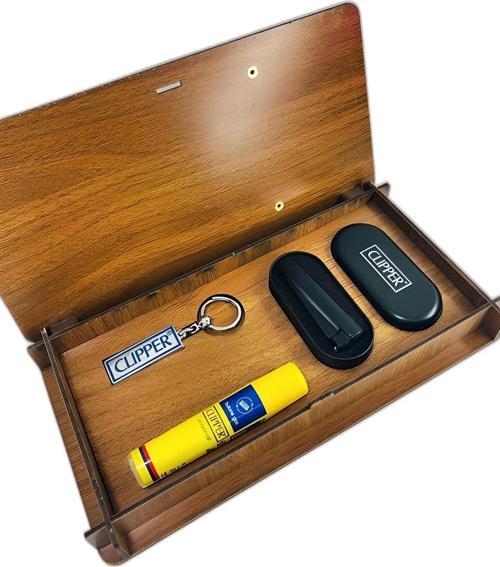 Ahşap Gazlı Metal Turbo Rüzgarlı Çakmak Seti Siyah