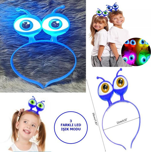 Led Işıklı & Pilli 3 Farklı Modda Yanan Uzaylı Göz Parti Tacı Mavi Renk 18x12 cm