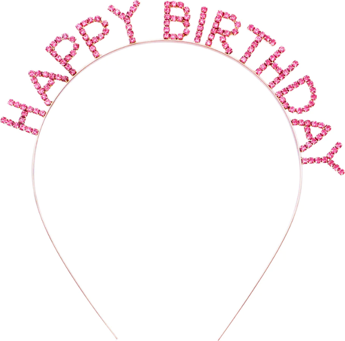 Pembe Renk Kristal Taşlı Gold Renk Kaplama Happy Birthday Taç 16x17 cm