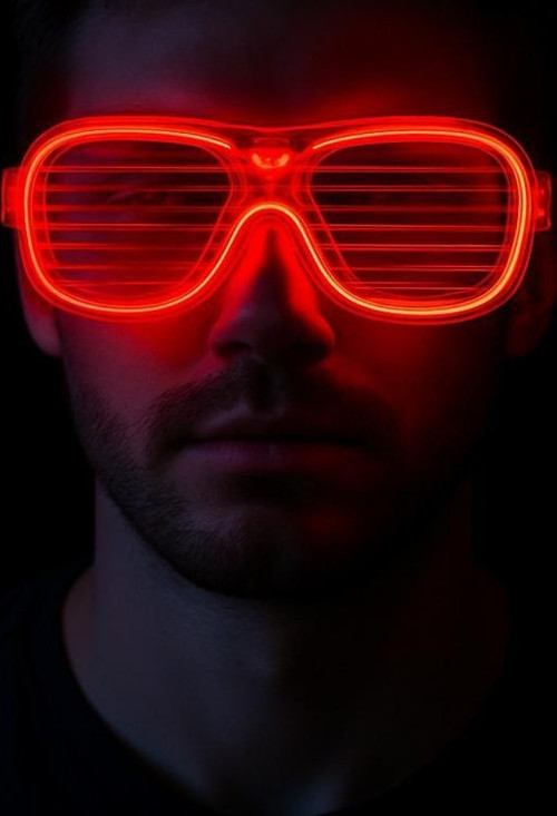 Kırmızı Led Işıklı Parti Gözlüğü - Neon Glow Şerit Gözlük 3 Modlu