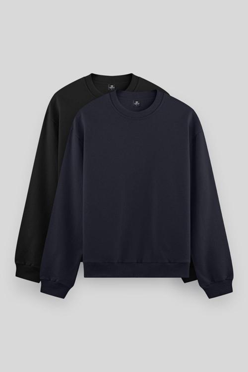 Standart Fit Basic O Yaka 2li Paket Siyah-Lacivert Erkek Sweatshirt - 88053