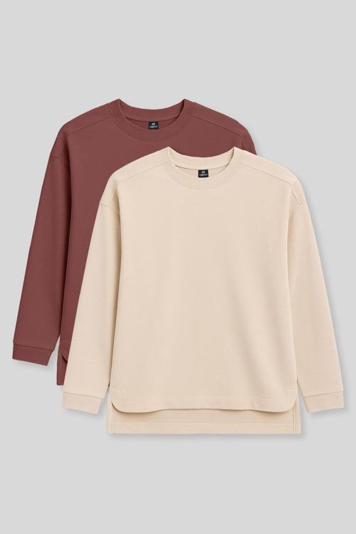 Rahat Form O Yaka 2li Paket Bej-Kahverengi Kadın Tunik Sweatshirt - 97305