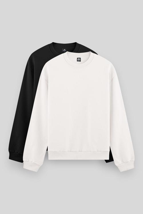 Standart Fit Basic O Yaka 2li Paket Siyah-Ekru Erkek Sweatshirt - 88053