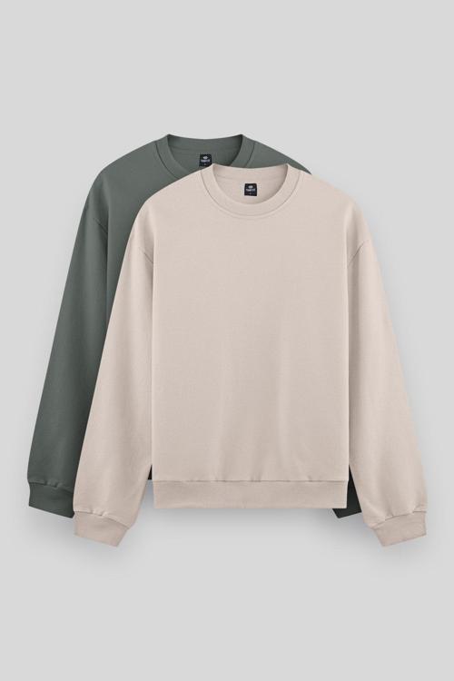 Standart Fit Basic O Yaka 2li Paket Bej-Çağla Erkek Sweatshirt - 88053