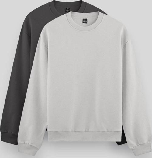 Standart Fit Basic O Yaka 2li Paket Koyu Gri-Taş Erkek Sweatshirt - 88053