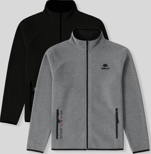 Standart Kalıp Dik Yaka 2li Paket Siyah-Gri Melanj Erkek Polar Sweatshirt - 87992