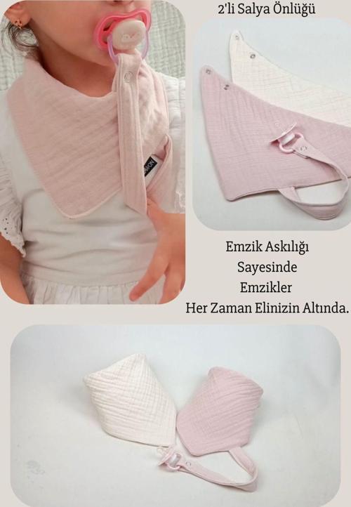 2'Li %100 Pamuk 8 Katlı Müslin Emzik Askılıklı Kız Erkek Bebek Salya Ve Mama Önlüğü *Pembe*Ecru