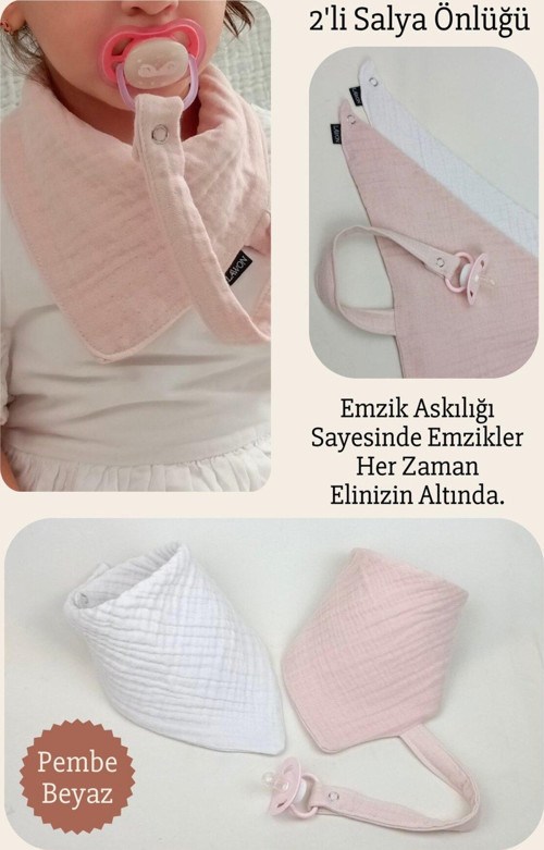 2'Li %100 Pamuk 8 Katlı Müslin Emzik Askılıklı Kız Erkek Bebek Salya Ve Mama Önlüğü *Pembe*Beyaz