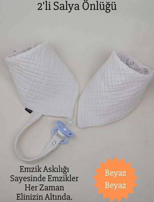 2'Li Pamuk 8 Katlı Müslin Emzik Askılıklı Kız Erkek Bebek Salya Ve Mama Önlüğü *Beyaz