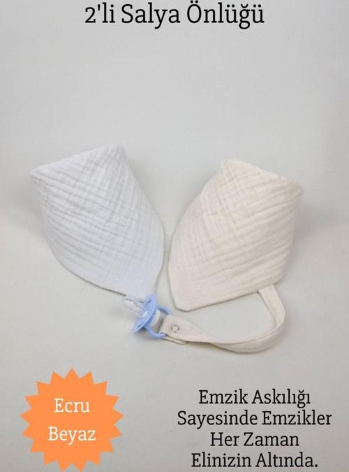 2'Li %100 Pamuk 8 Katlı Müslin Emzik Askılıklı Kız Erkek Bebek Salya Ve Mama Önlüğü *Ekru *Beyaz