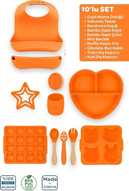 Silikon 10’Lu Set Sunset Turuncu / Önlük, Tabak, Kaşık, Çatal, Bardak, Buz Kalıbı, Diş Kaşıyıcı...