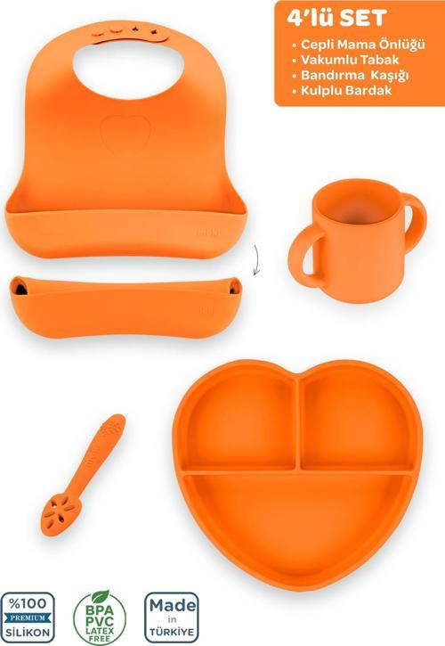 Silikon Beslenme Seti 4'Lü Sunset Turuncu / Mama Önlüğü, Mama Tabağı, Bandırma Kaşığı, Kulplu Bardak