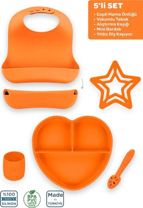 Silikon 5'Li Seti Sunset Turuncu / Mama Önlüğü, Mama Tabağı, Bandırma Kaşığı, Bardak, Diş Kaşıyıcı