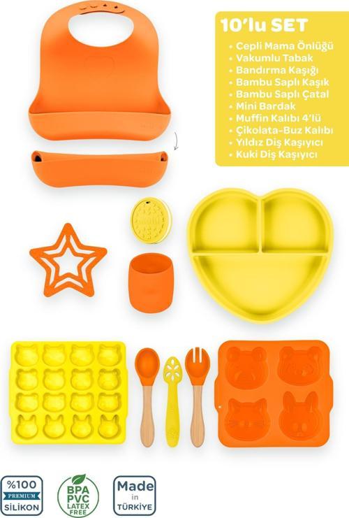 Silikon 10'Lu Set Sunset Turuncu-Sunrise Sarı / Önlük, Tabak, Kaşık, Çatal, Bardak, Diş Kaşıyıcı...