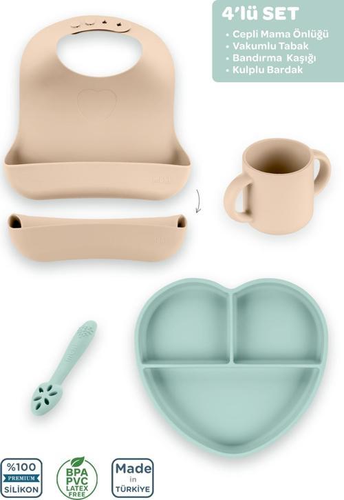 Silikon Beslenme Seti 4'Lü Latte Bej-Spring Yeşil / Önlük, Tabak, Kaşık, Kulplu Bardak