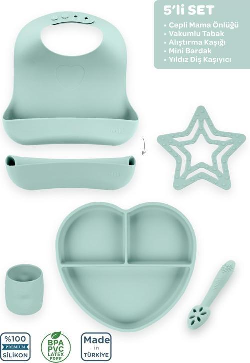 Silikon 5'Li Set Spring Yeşil / Mama Önlüğü, Mama Tabağı, Bandırma Kaşığı, Mini Bardak, Diş Kaşıyıcı