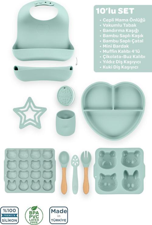 Silikon 10’Lu Set Spring Yeşil / Önlük, Tabak, Bardak, Kaşık, Çatal, Buz Kalıbı, Diş Kaşıyıcı...