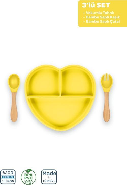 Silikon Beslenme Seti 3'Lü Sunrise Sarı / Mama Tabağı, Bambu Saplı Mama Kaşığı Ve Çatalı