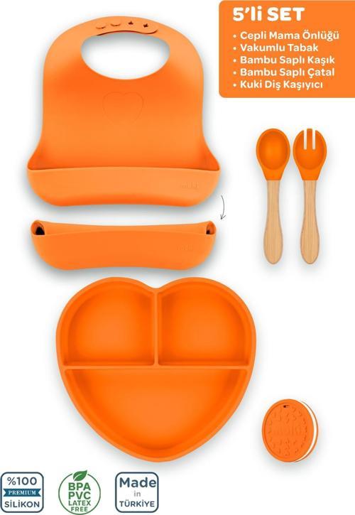 Silikon 5'Li Set Sunset Turuncu / Mama Önlüğü, Mama Tabağı, Bambu Saplı Kaşık, Çatal, Diş Kaşıyıcı