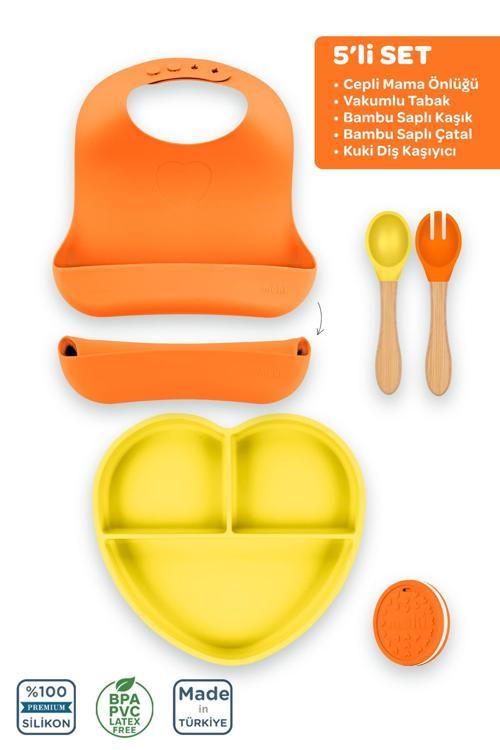 Silikon 5'Li Set Sunset Turuncu-Sunrise Sarı / Önlük, Tabak, Kaşık, Çatal, Diş Kaşıyıcı