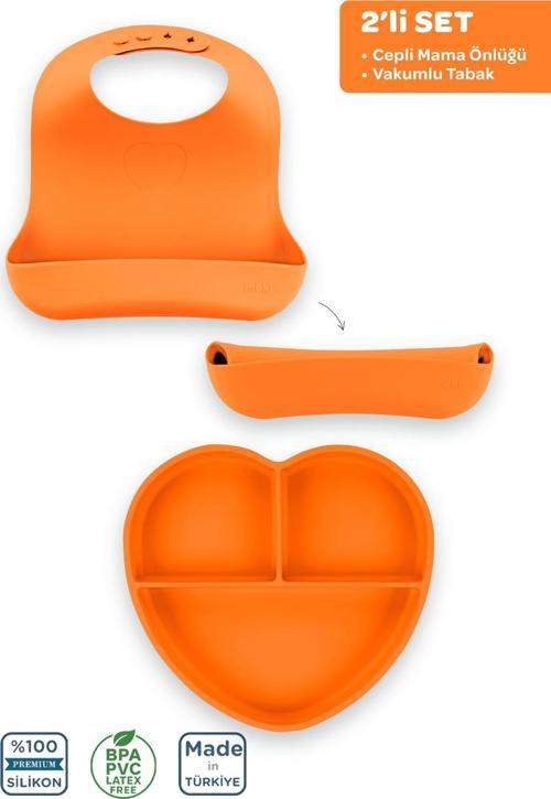 Silikon Beslenme Seti 2'Li Sunset Turuncu / Mama Önlüğü, Mama Tabağı