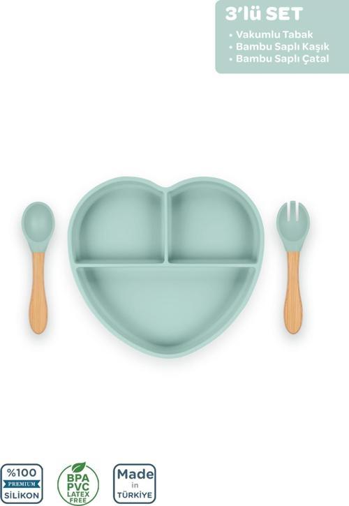 Silikon Beslenme Seti 3'Lü Spring Yeşil / Mama Tabağı, Bambu Saplı Mama Kaşığı Ve Çatalı