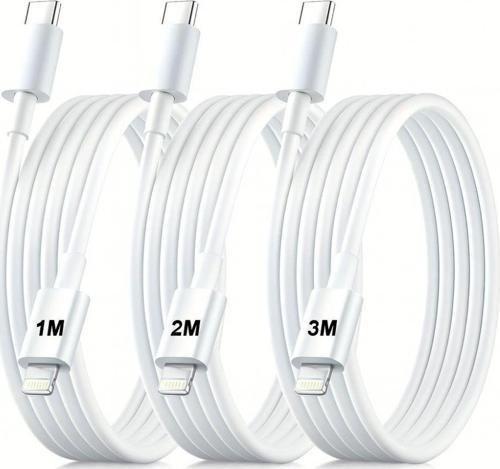 3 Paket 6A 100W Type-C to Lightning Hızlı Data ve Şarj Kablosu 1 Metre/  2 Metre / 3 Metre Beyaz SX112131