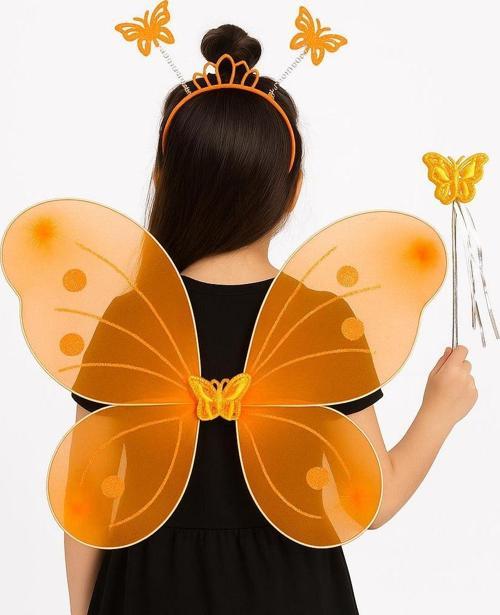 Turuncu Kelebek Kız Seti – 50 cm Kelebek Kanadı, Taç ve Asa