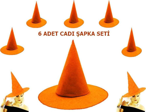 Turuncu Renk Keçe Cadı Şapkası Yetişkin Çocuk Uyumlu 6 Adet