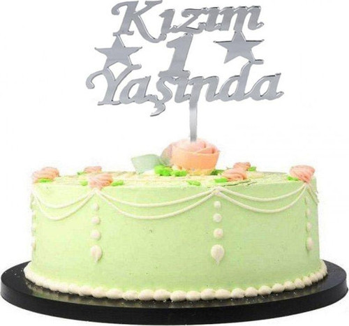 Kızım 1 Yaşında İlk Yaş Doğum Günü Partisi Pleksi Pasta Süsü Gümüş Renk