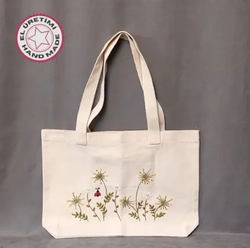 - Ülkü 1188 3942 El Yapımı Nakış İşlemeli Krem Kanvas Keten Çanta - Doğa