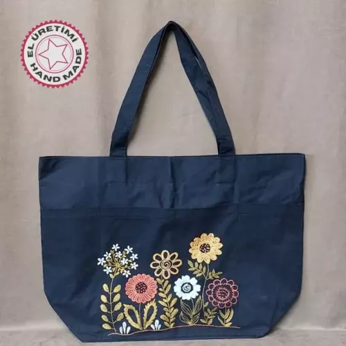 - Ülkü 1188 2454 El Yapımı Nakış İşlemeli Keten Büyük Boy Omuz Çantası - Lacivert