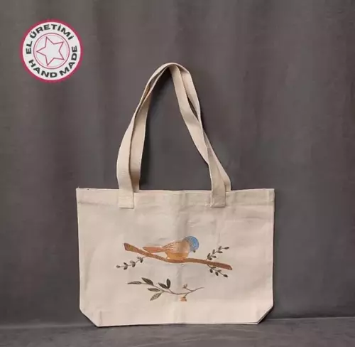 - Ülkü 1188 7003 El Yapımı Nakış İşlemeli Krem Kanvas Keten Çanta - Kuş