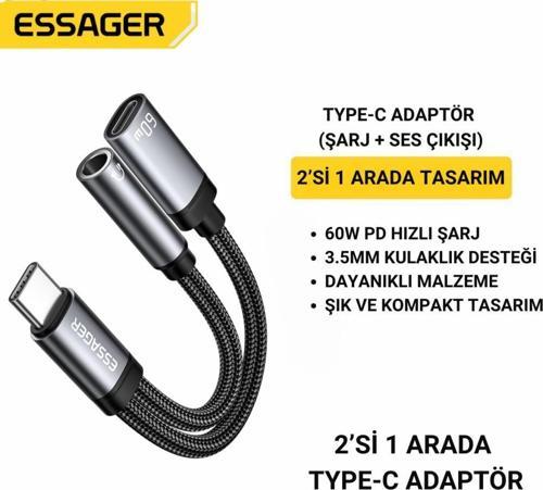 2in1 Type-C Adaptör | 60W Hızlı Şarj + 3.5mm Kulaklık Çıkışı, Hifi Ses ve Hızlı Şarj Adaptörü