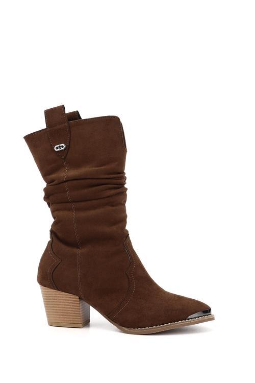 Kadın Kahve Süet Sivri Burun Kalın Topuklu Kovboy Çizme