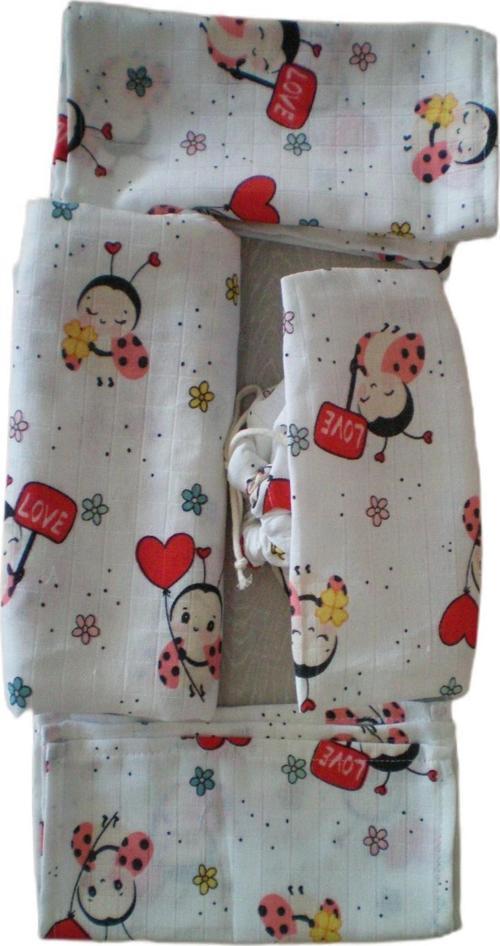 Bebek Müslin Bez Battaniye Set 5 Parça  Uğur Böceği kırmızı  krem