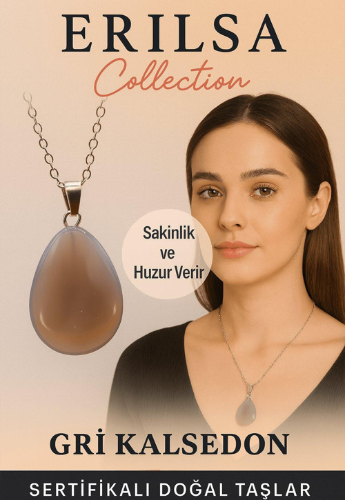 Sertifikalı Damla Model Gri Kalsedon Taşı Kolye - Sakinlik ve Huzur Veren Doğal Taş