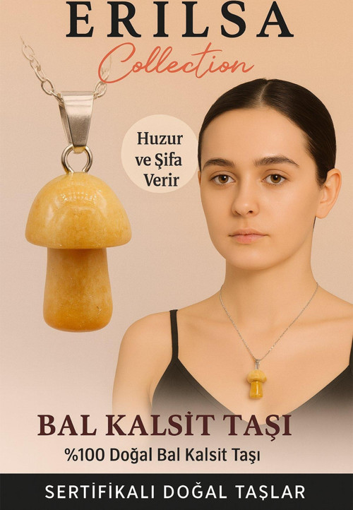 Sertifikalı Mantar Model Bal Kalsit Taşı Kolye Huzur ve Şifa Veren Doğal Taş