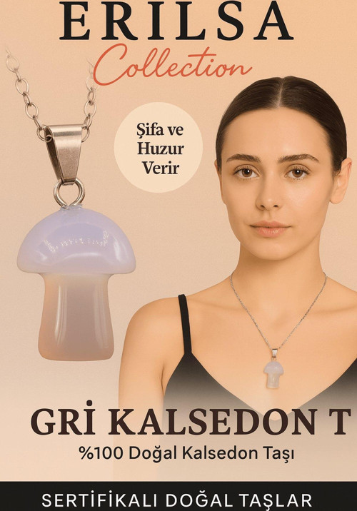 Sertifikalı Mantar Model Gri Kalsedon Taşı Kolye Huzur ve Denge Veren Doğal Kolye