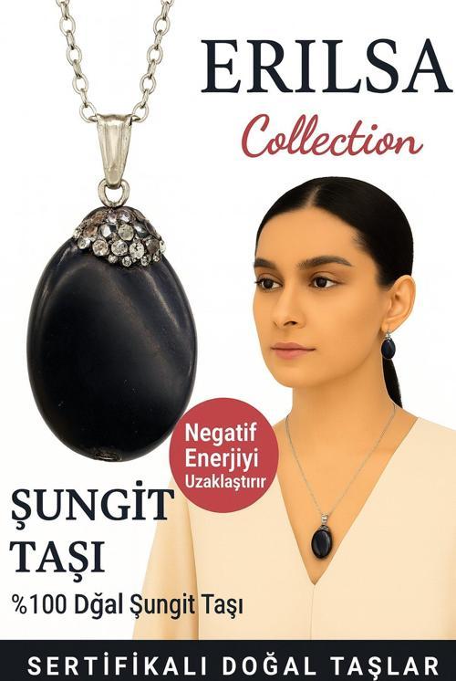 Sertifikalı Zirkon Taşlı Şungit Doğal Taş Kolye – Negatif Enerji Koruma Denge ve Şifa Taşı