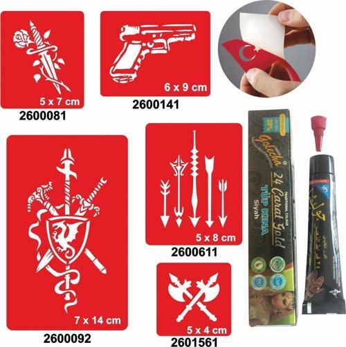 Savaş Aletleri Desenleri Hint Kınası ile Geçici Dövme Yapma Seti