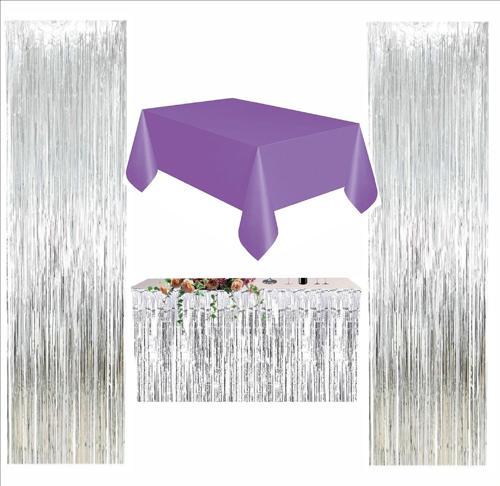 Mor Masa Örtüsü, Gümüş Masa Eteği, 2 Gümüş Arka Fon 