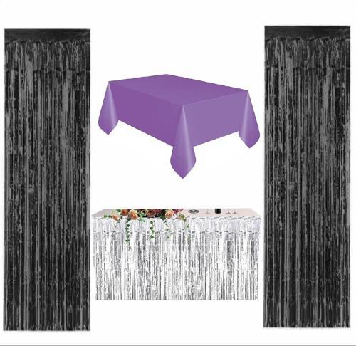 Mor Masa Örtüsü, Gümüş Masa Eteği, 2 Siyah Arka Fon 