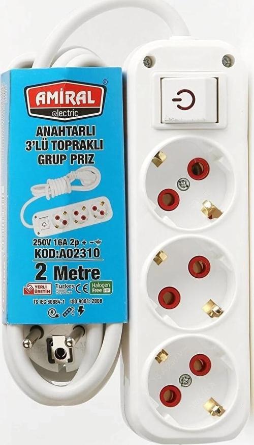 Amiral 3' Lü Topraklı Anahtarlı 2 Metre Kablolu Grup Priz