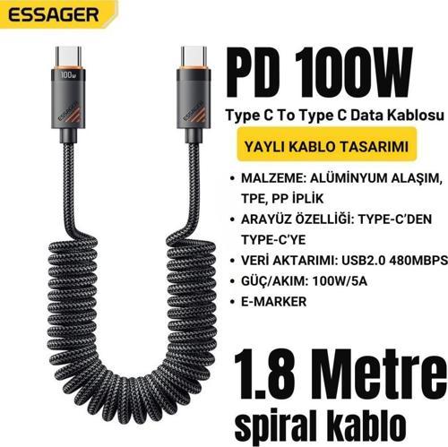 1.8 Mt E-Marker Çip Sprial Kablo 100W USB-C to USB-C Şarj Kablosu Pd100W Type C Şarj Kablosu